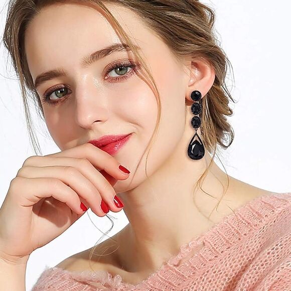 Carbon Black with Black Onyx Crystal Teardrop Halo Chandelier Post Back Earrings - Picture 4 of 6